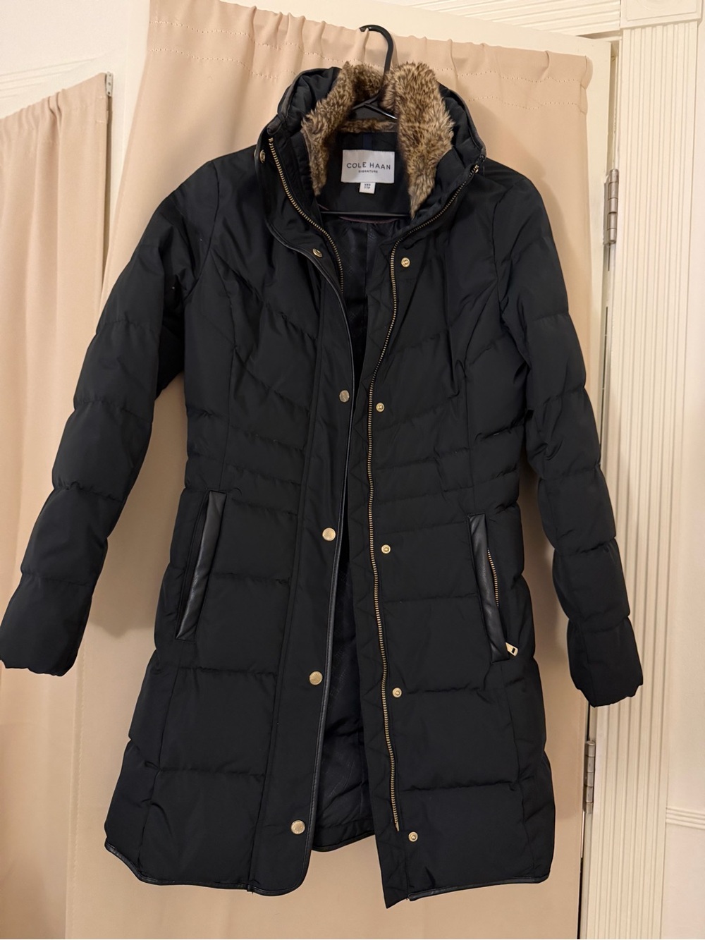 Cole Haan Black Quilted Down Puffer Coat with Faux Fur Hood Trim
